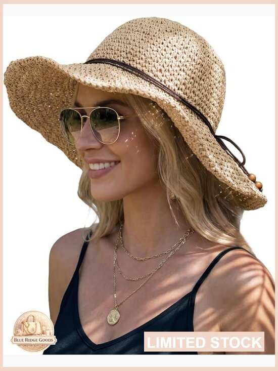 Floppy Crochet Straw Sun Hat Wide Brim Handmade Foldable Travel Beach Sun main image 6